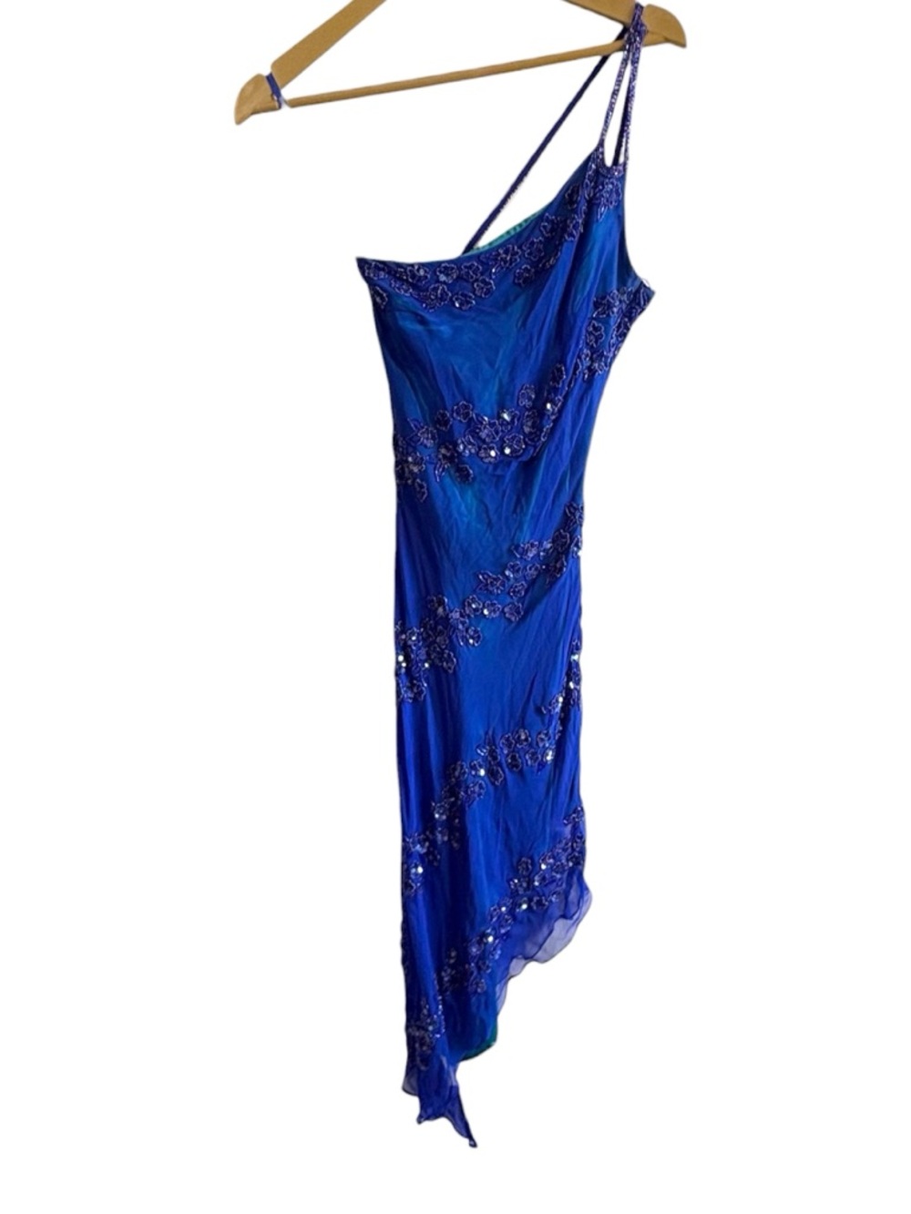 Vintage Y2K Cache Size 4 Blue Beaded Asymmetric Formal Dress Ethereal Whimsigoth